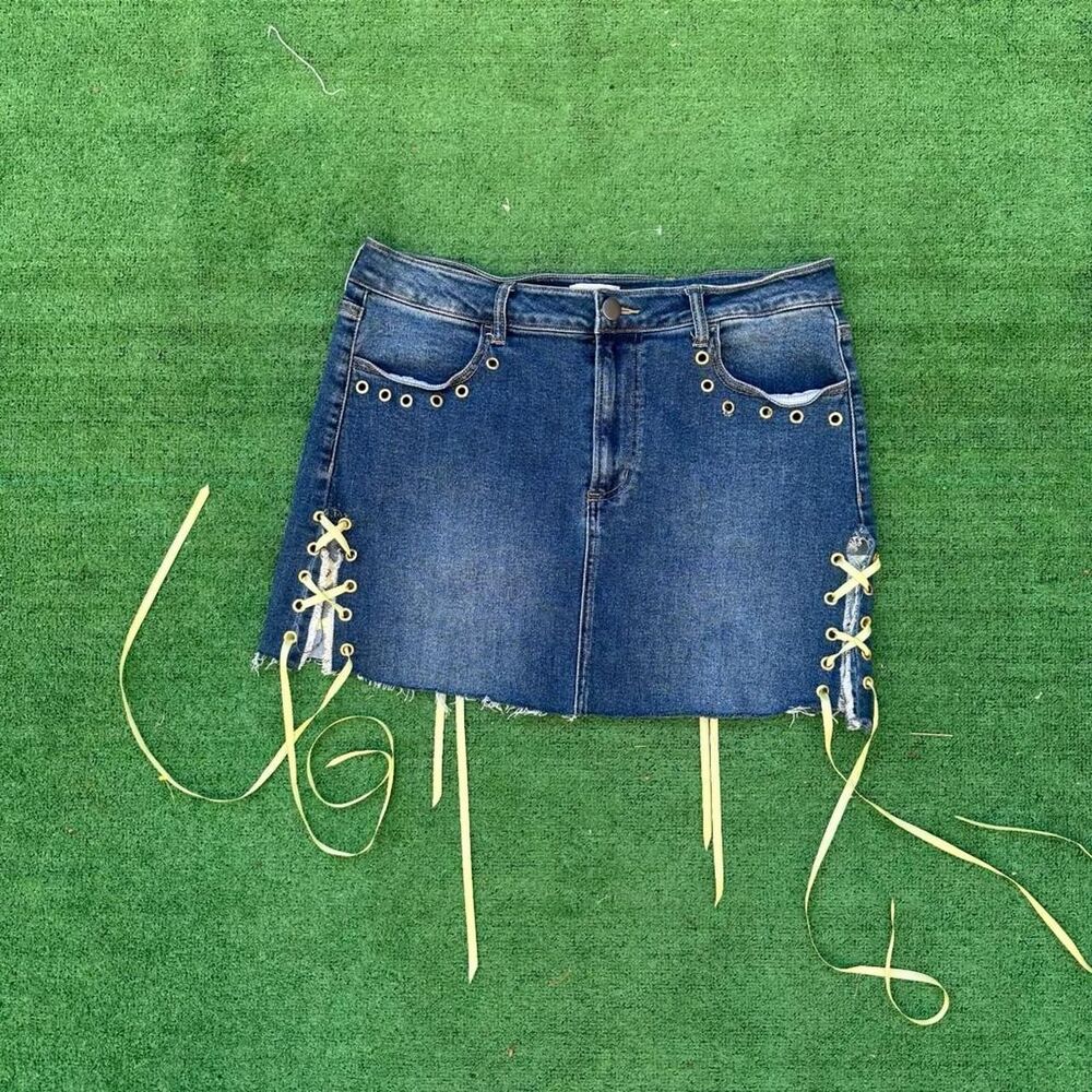 Upcycled Women's Blue and Green Skirt